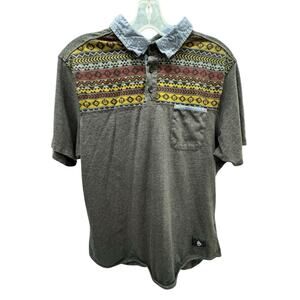Raw Yarn Industries Gray Blue Aztec Print Men's Polo Golf Shirt Size Large